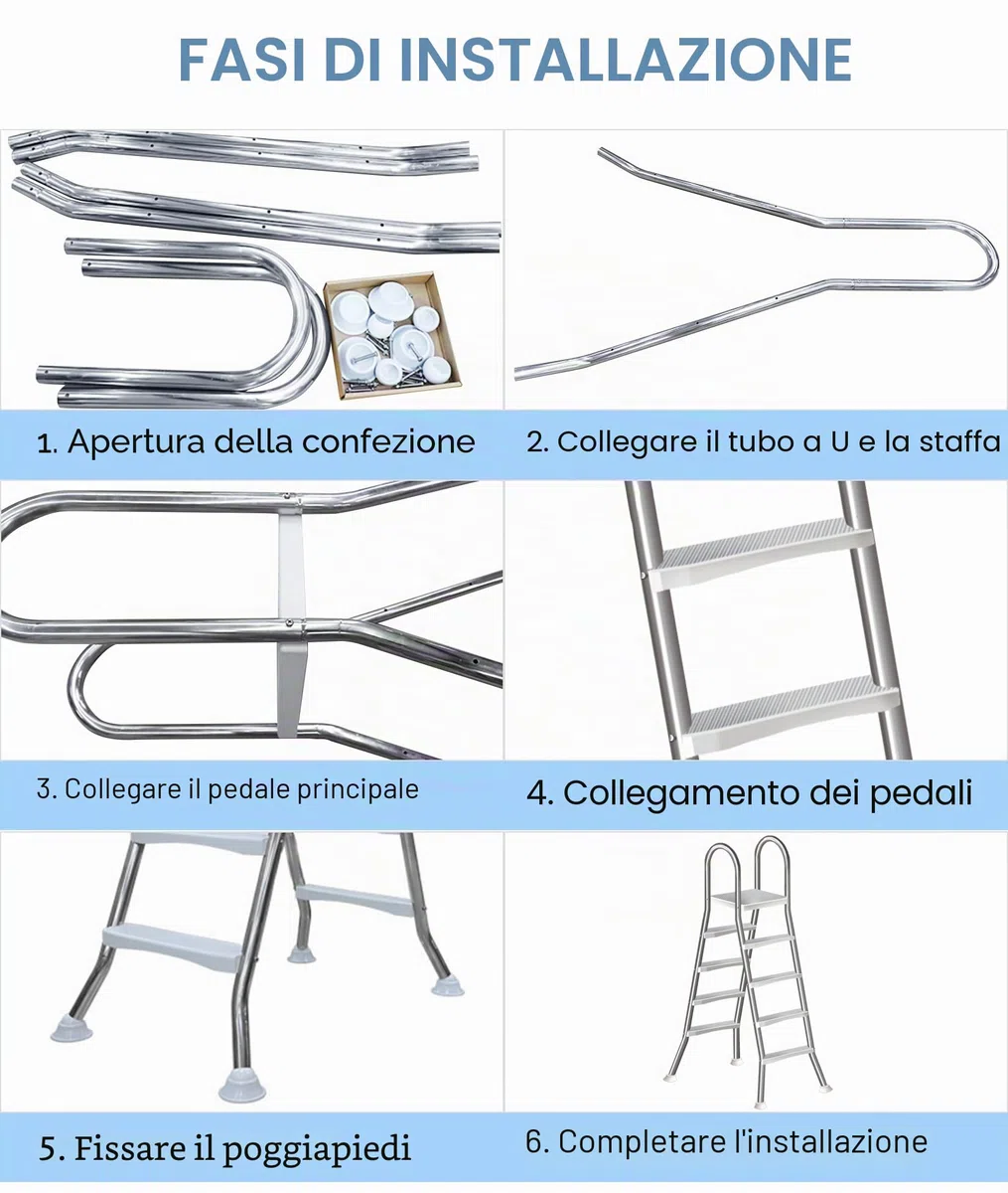 Scala per piscina rialzata 250 kg, scala in acciaio inox a 4 gradini per piscina rialzata da 135 cm, scala per piscina a doppio lato con gradini rimovibili