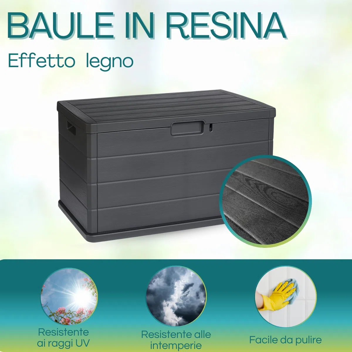 PALUPLUS Baule da Giardino, misura 78x55x52 cm, Cassapanca Effetto Legno Antracite, Impermeabile, Chiusura Lucchettabile, Contenitore da Esterno, Capacità 170 Litri -BET06F