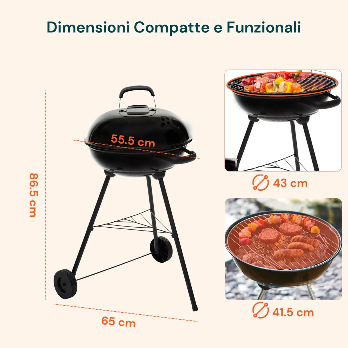 Barbecue a Carbonella Carmensa 43 cm - Il BBQ a Carbone Perfetto per le Tue Giornate Estive! Montaggio Veloce, Cottura Grill e Forno, Nero