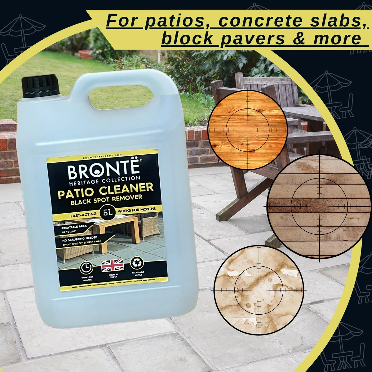 Bronte Heritage Patio Black Spot Remover 5L – Soluzione ad azione rapida per macchie nere ostinate, licheni, muschio e macchie. Non necessita di strofinare, per patio, pavimentazione, vialetti e