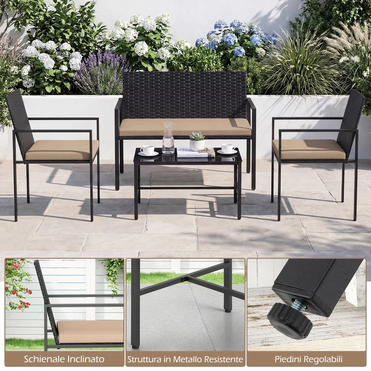 COSTWAY Set di Salotto da Giardino a 4 Pezzi, Poltrone e Divano per Esterno in Rattan con Tavolino da Caffè in Vetro Temperato e Cuscini Morbidi, Set di Conversazione per Cortile e Balcone (Giallo)