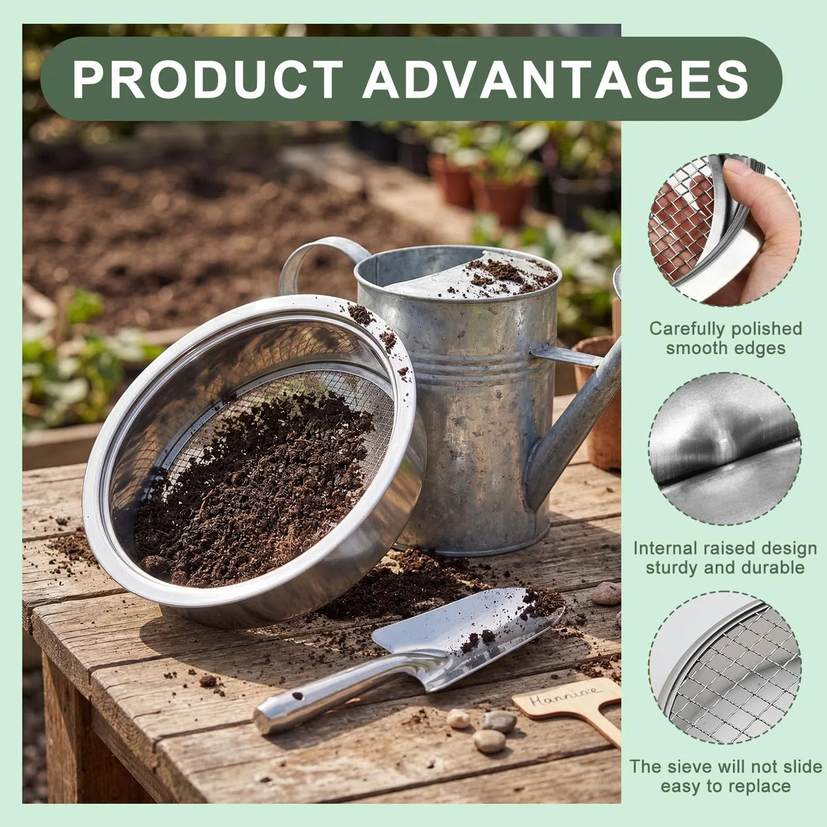 5 in 1 Setaccio da Giardino Ø 1,3,6,9,12mm Setaccio Sabbiain Acciaio Inox + 1 Vanga a Mano per Terra, Pietre, Compost, Erbacce, Sabbia
