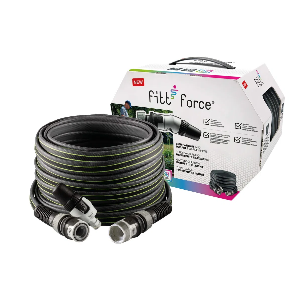 FITT FORCE 5/8" 25 m, Tubo Acqua da Giardino per Irrigazione, Compatto, Leggero e Resistente per Uso Intensivo con Lancia, colore Grigio-Lime