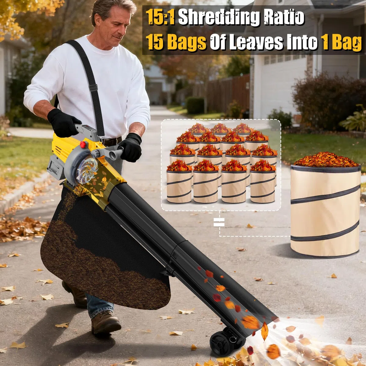 3 in 1 soffiatore sottovuoto per foglie compatibile con batteria Dewalt 20 V | Aspiratore elettrico senza fili, senza fili, con borsa da 40 l, modalità turbo per una rapida pulizia del patio e vialetto