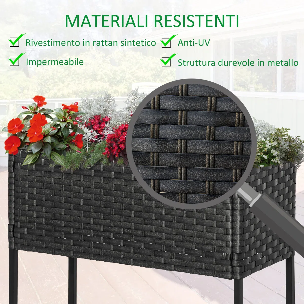 Outsunny Letto per Orto Rialzato, Fioriera Effetto Vimini con Ripiano, Aiuola Rialazata per Esterni e Interni, Grigio (70cm x 30cm x 72cm)