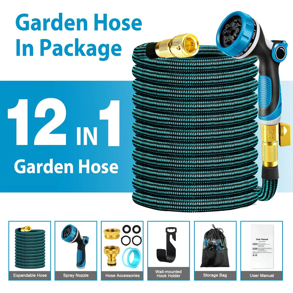 Tubo Acqua Giardino,Tubo Estensibile da Giardino con connettore in ottone da 3/4' e 1/2',Canna Acqua Giardino con ugello spruzzatore a 10 funzioni,45 metri Gomma per Innaffiare,Tubo Irrigazione (45M)