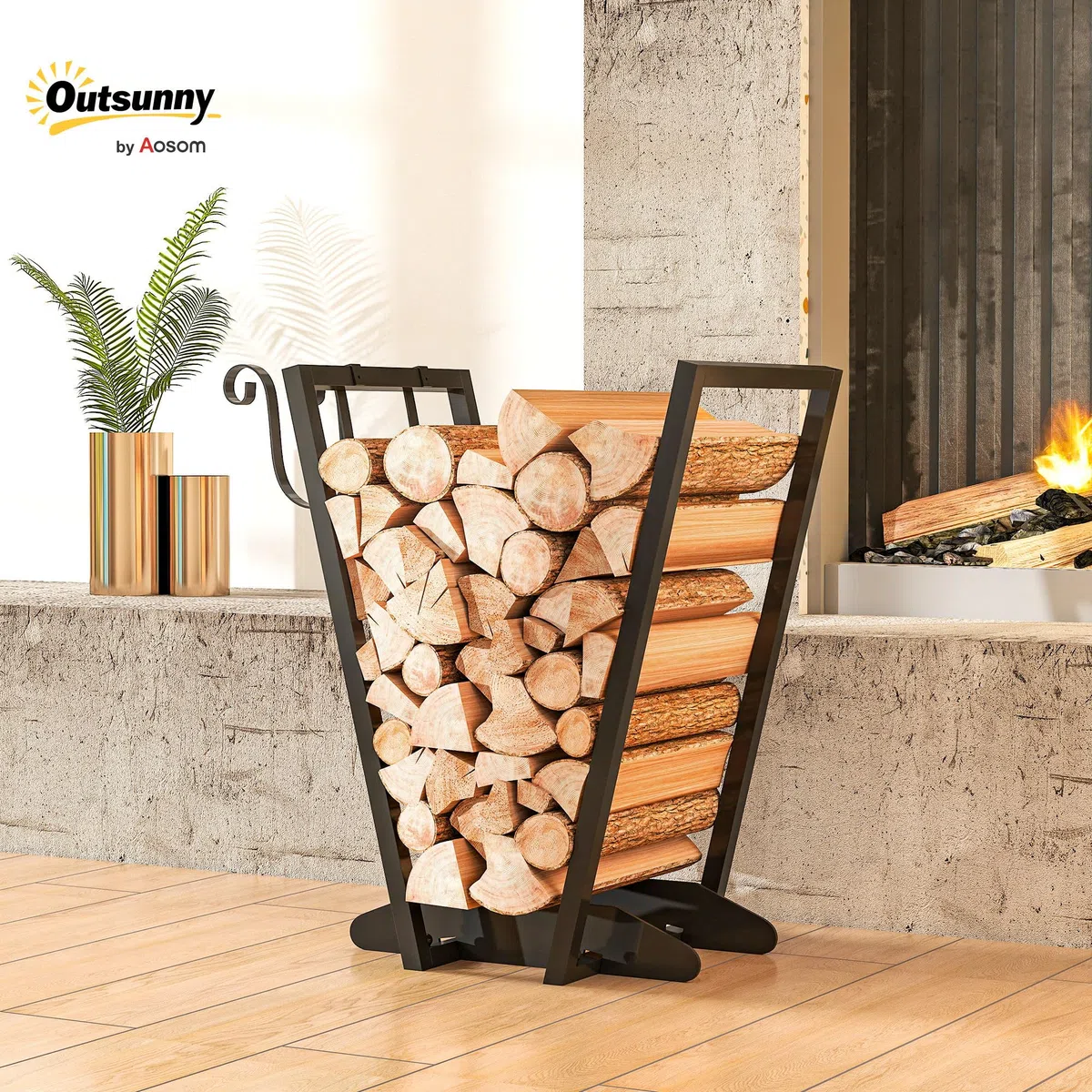 Outsunny Scaffale Portalegna da Esterno e Interno con Ganci in Acciaio, Legnaia Design Moderno con Base Rialzata, 45x32x58cm, Nero