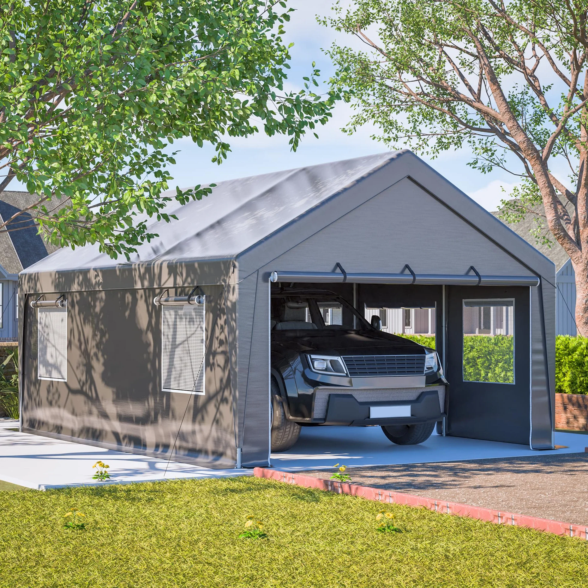 Carport Garage - Tenda da garage, 4 x 6 m, impermeabile, con finestra arrotolabile, tenda di stoccaggio, capannone per stalla, tenda di protezione da esterno per auto, barca