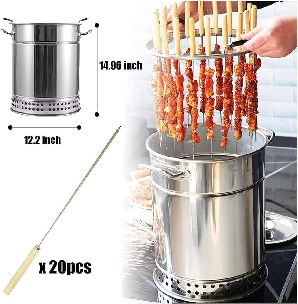 Barbecue a carbonella, barile in acciaio inox con spiedini, griglia da campeggio, griglia per verdure e carne