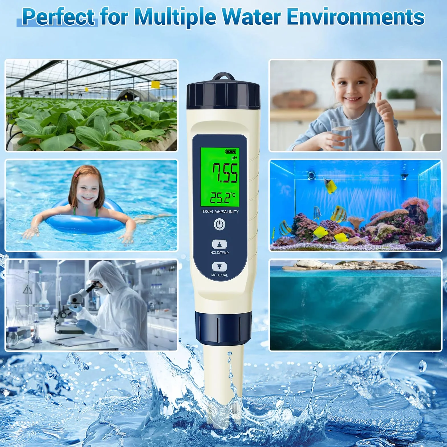 Tester digitale di qualità dell'acqua 5 in 1, PH/TDS/EC/Salinità/Termometro, Schermo LCD con compensazione automatica della temperatura, Tester dell'acqua per acqua potabile, acquario, piscina