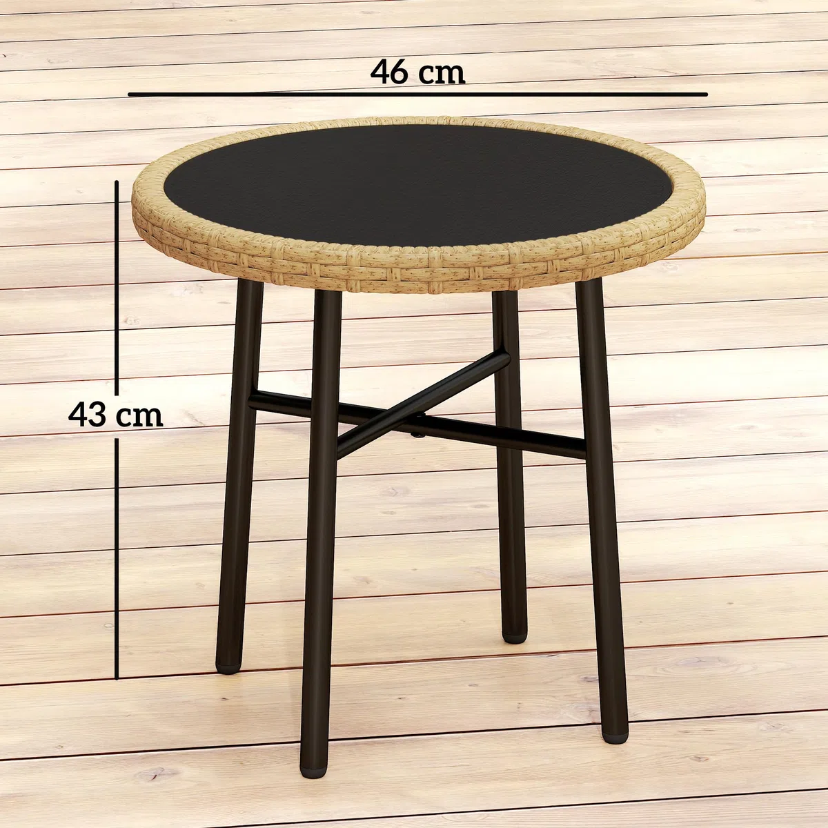 Outsunny Tavolino rotondo da giardino in resina effetto rattan, acciaio e piano in vetro temperato Ø 46 cm, tavolino per soggiorno, balcone, piscina, naturale