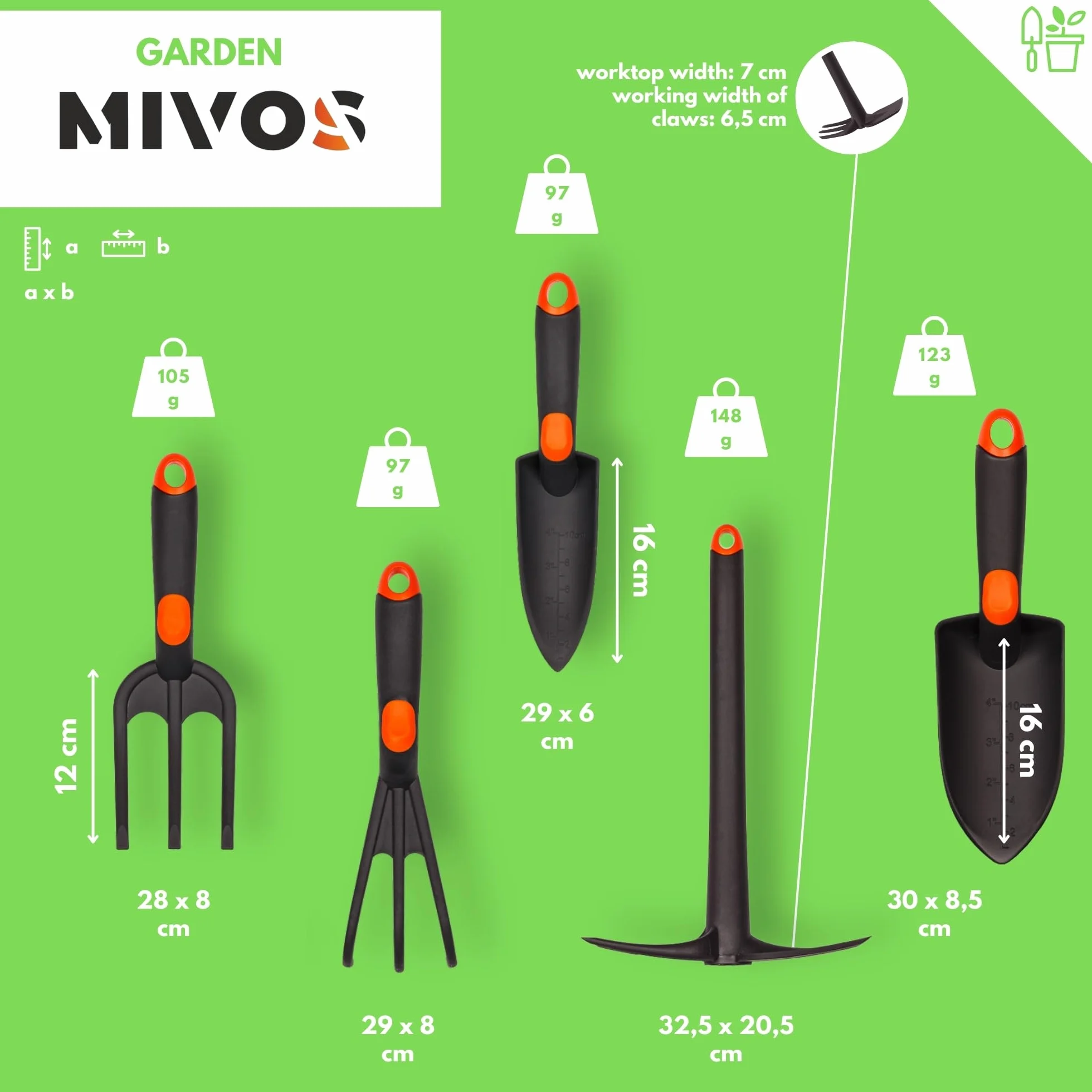 MIVOS Set di Attrezzi da Giardino per la Cura del Giardino - Artiglio - Doppia Zappa - Cazzuola per Fiori - Mini Forchetta - Attrezzi da Giardino in Plastica Rinforzata con Fibra di Vetro