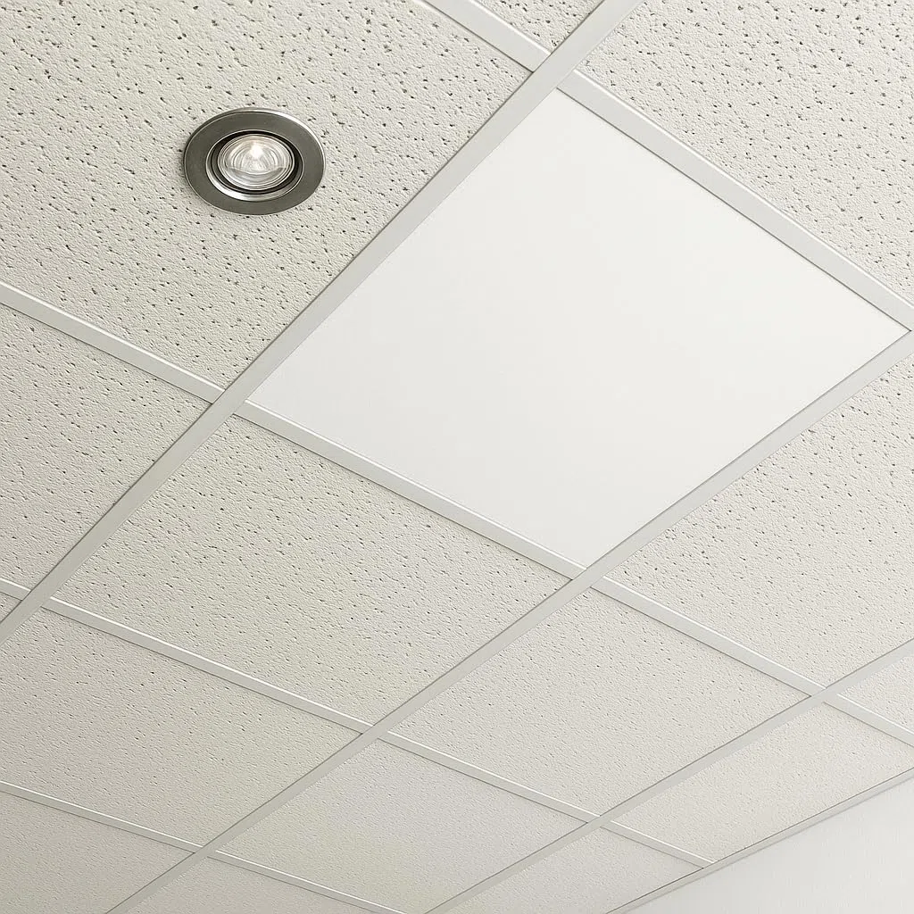 heatness Riscaldamento da soffitto a griglia 62 × 62 cm con cornice – Pannello riscaldante a infrarossi per soffitti a griglia in ufficio, pratica e spazio abitativo – calore rapido, efficiente dal