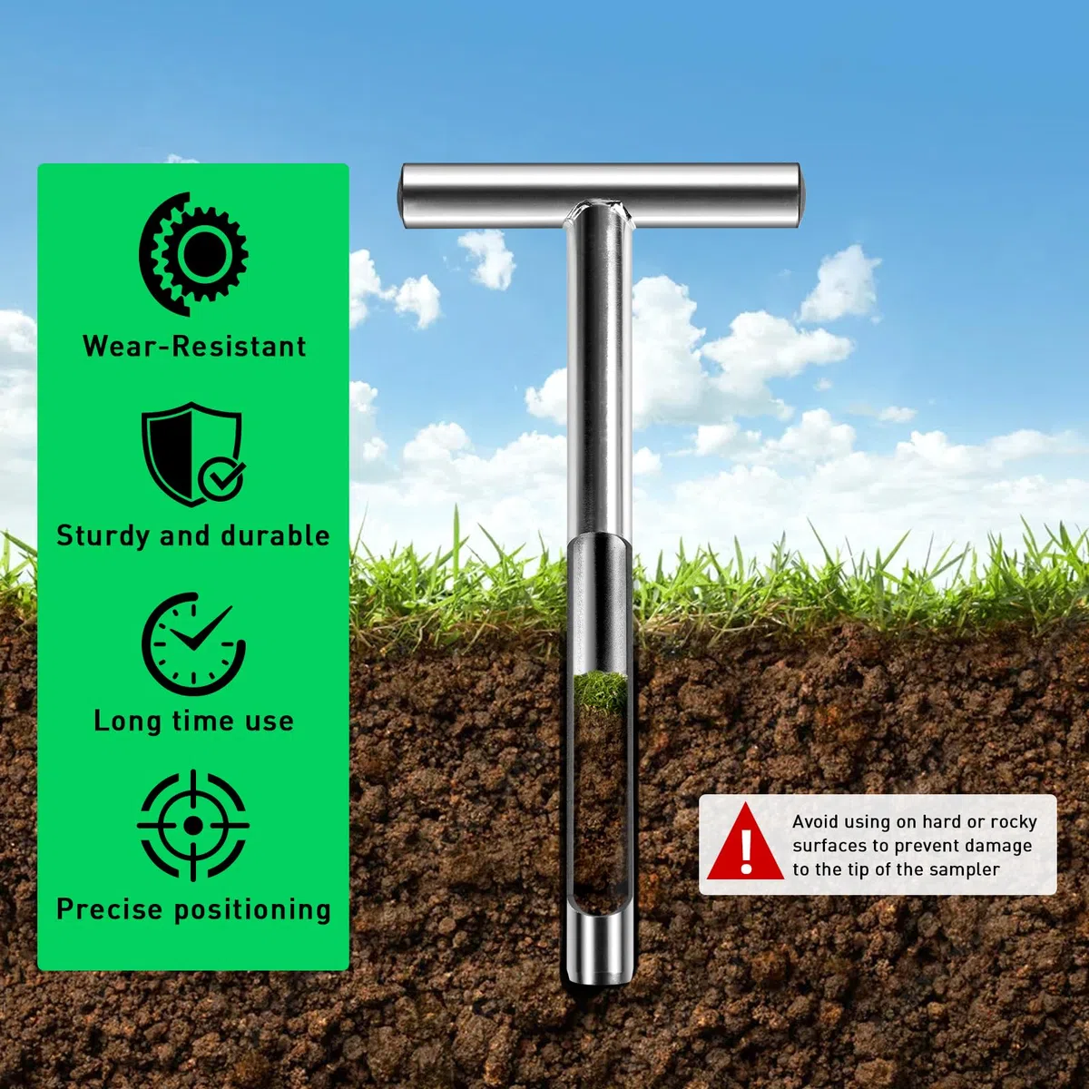Sonda per terreno 30 cm in acciaio inox 2.5 mm - Prelievo a T con 2 sacchetti riutilizzabili per giardino, fattoria, prato