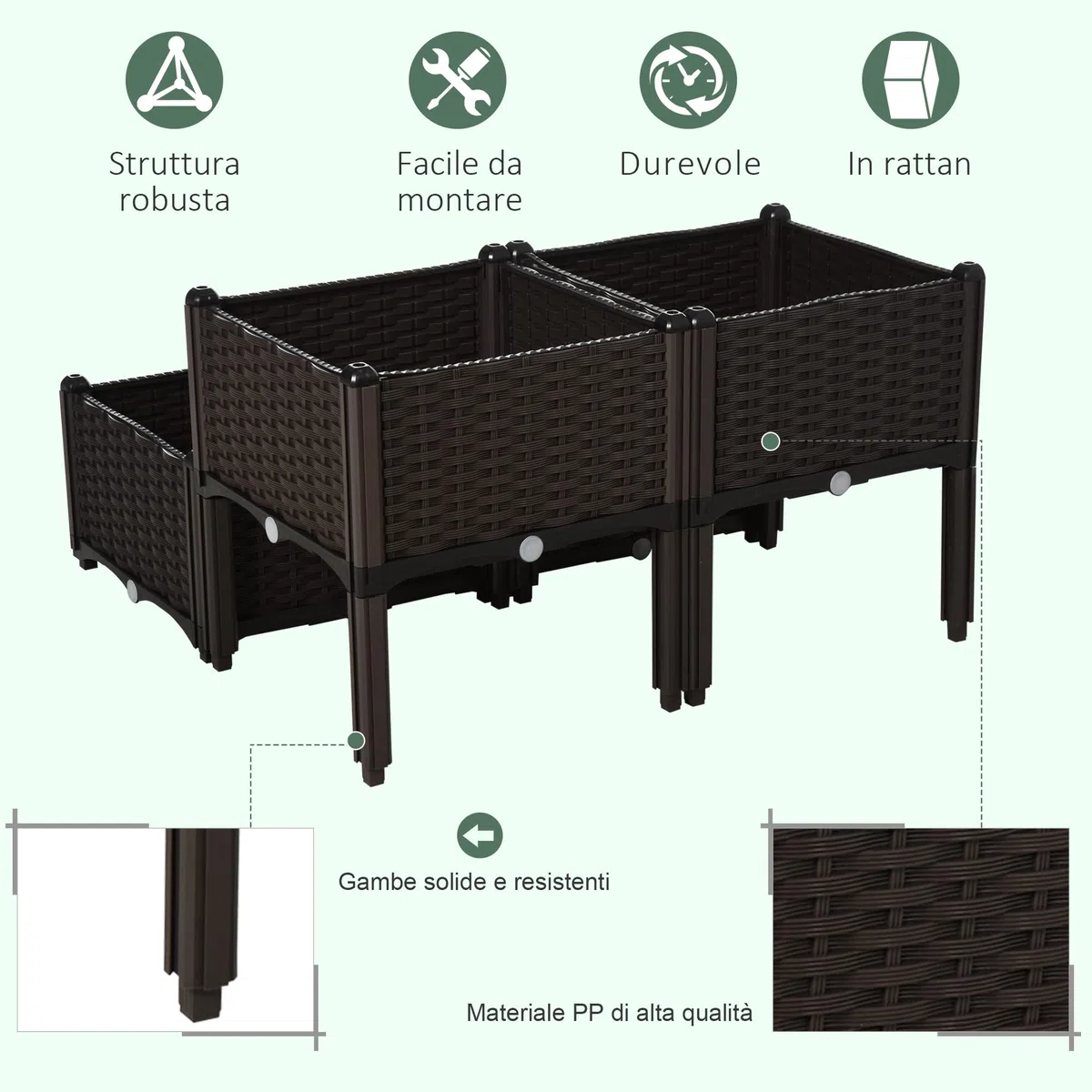 Outsunny Set 4 Pezzi Fioriere da Esterno Autoirriganti Rialzate Letto da Giardino Rialzato per Fiori Effetto Rattan in PP, Marrone