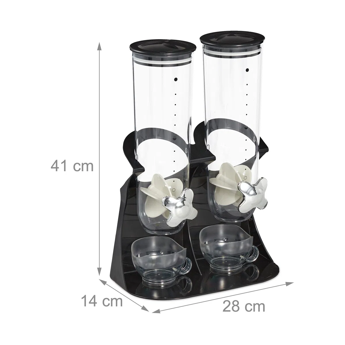 Relaxdays Dispenser Cereali Doppio, Distributore per Corn Flakes, Cioccolatini, Nocciole e Dolcetti, in Plastica, Nero