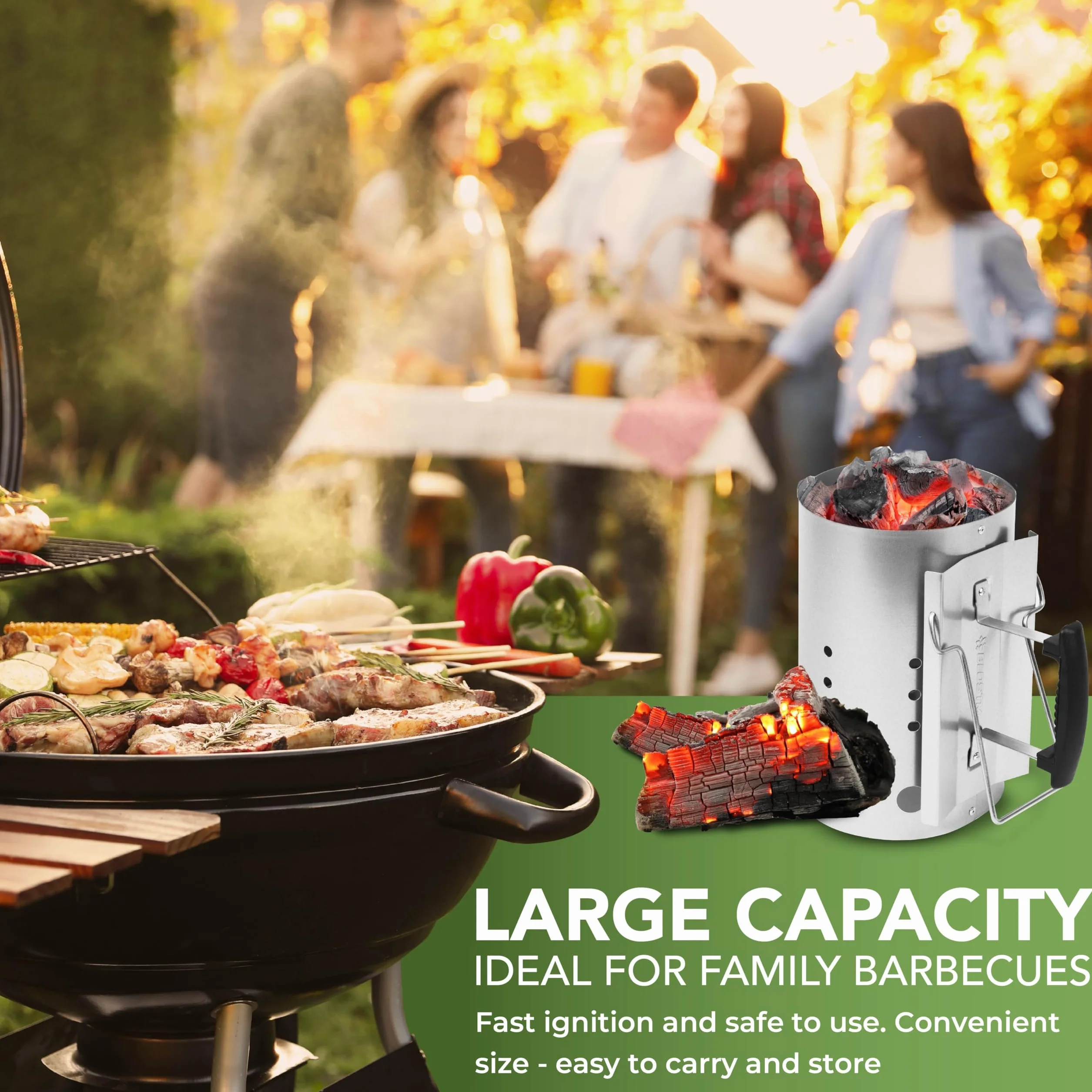 BLOSTM Accendi Fuoco per Barbecue - Extra Grande Accendi Carbonella Barbecue Avviamento Rapido, Acciaio Zincato, Maniglie di Sicurezza Isolate Termicamente - Accendi Carbonella, Grumi, Bricchette
