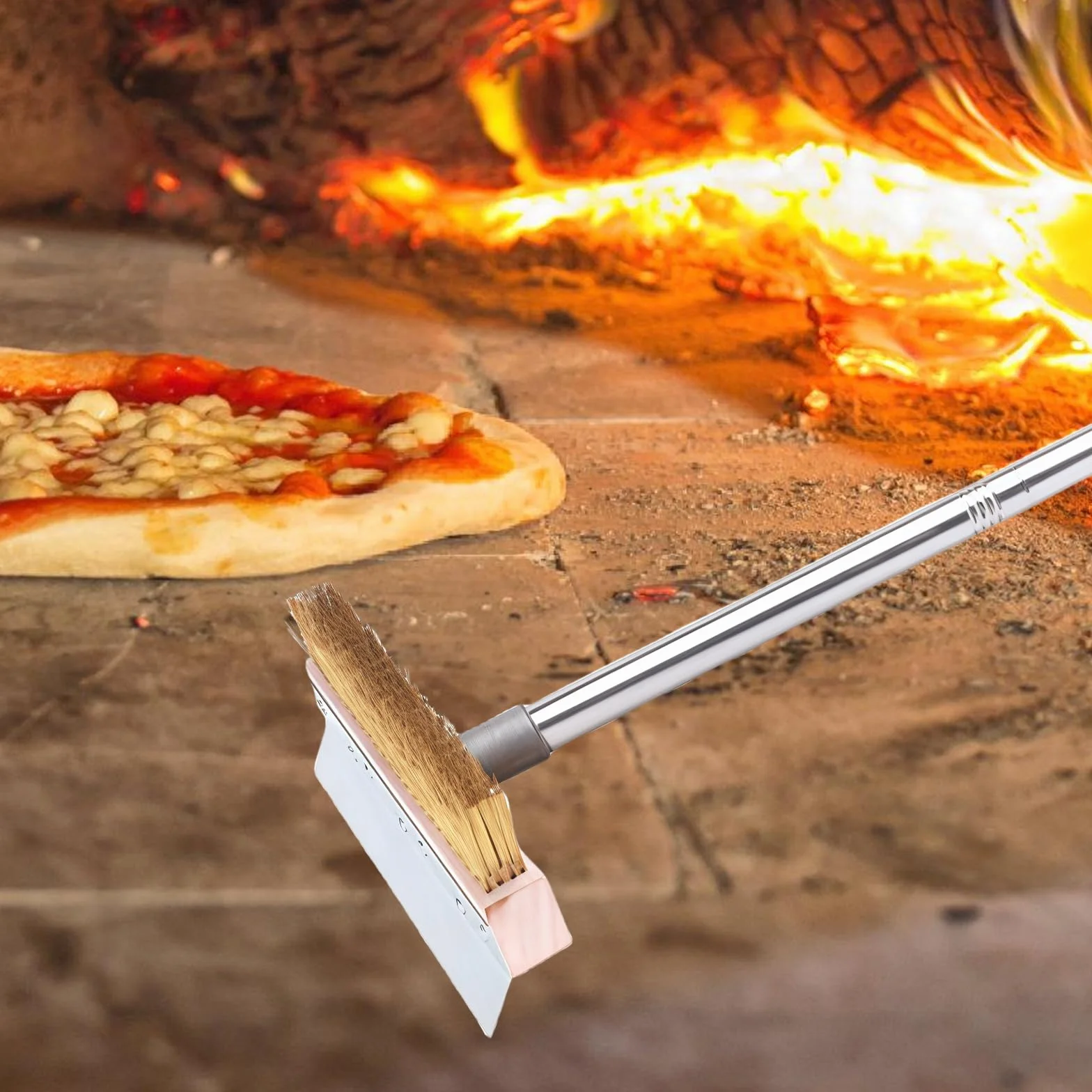 Spazzola per forno da pizza con raschietto in acciaio, spazzola per griglia in ottone da 120 cm, manico lungo in alluminio rimovibile, raschietto per forno da pizza con spazzola in ottone, spazzola