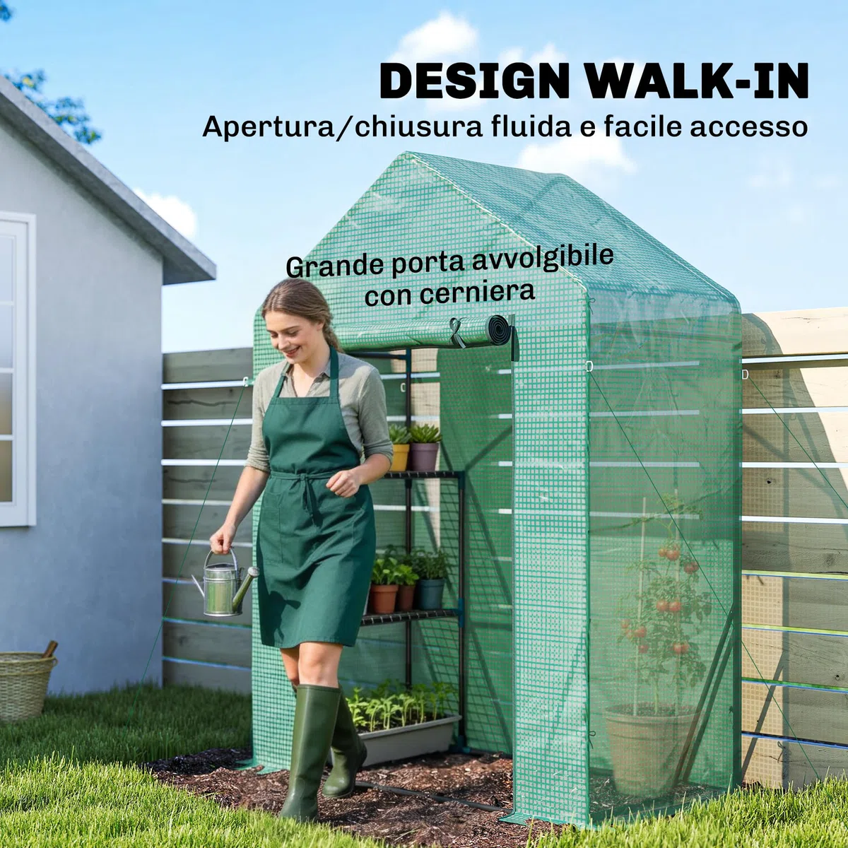 Outsunny Serra da Giardino con Porta Avvolgibile e Scaffale a 2 Ripiani, Serra per Orto con Struttura in Acciaio e Copertura PE, per Piante Orto Verdure Fiori Frutta, Anti UV, 143x73x195 cm, Verde