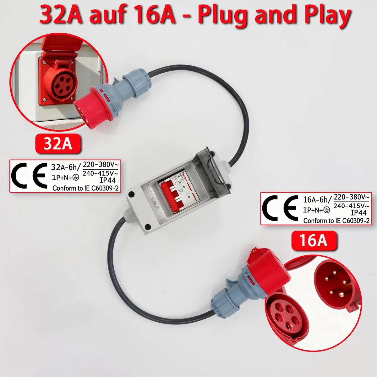 Adattatore CEE 32A a 16A CA con interruttore di protezione del cavo, monofase, 5 poli IP44 impermeabile, 3x2,5 mm², ideale per industria, cantiere, camper e uso domestico
