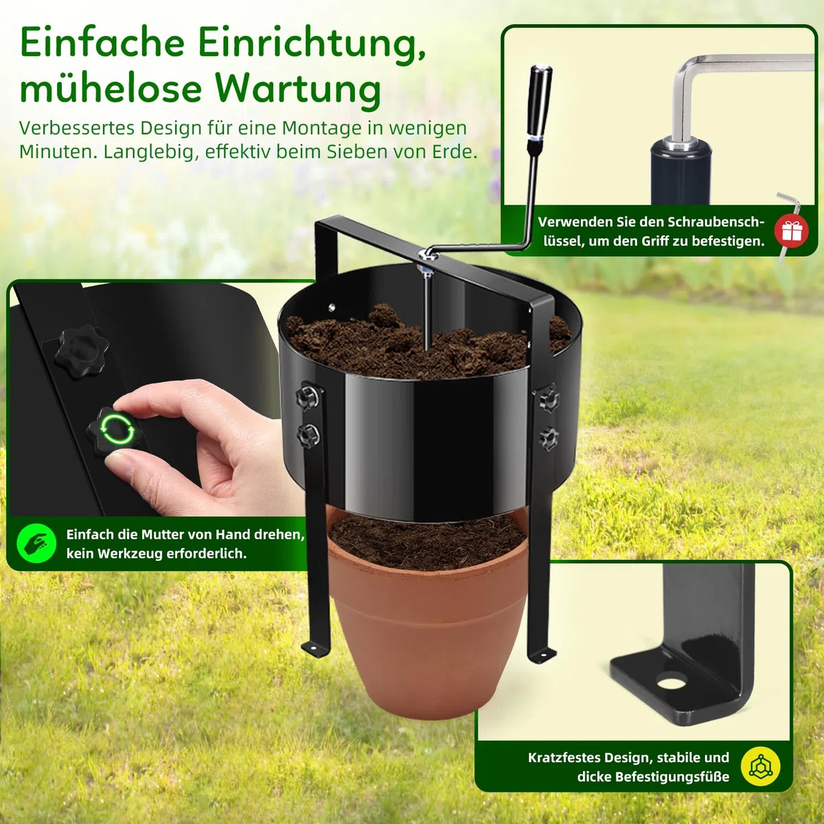 Upgrade - Colino a manovella 5 in 1, in metallo, Ø 30 cm, con 4 setacci (3/6/9/12 mm), efficace filtro per terra, pietre, sabbia, compost, erbacce, filtri intercambiabili per giardinaggio