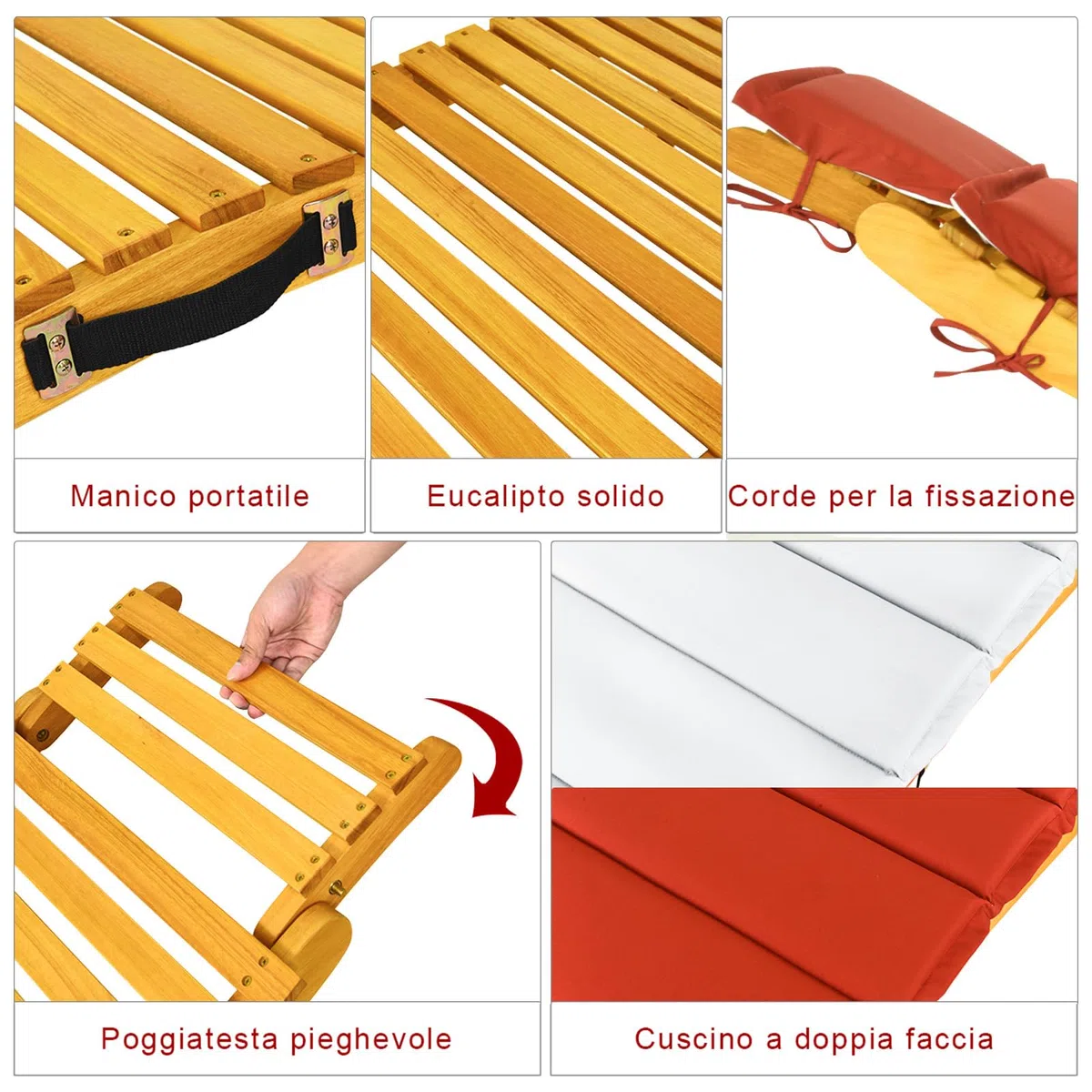 COSTWAY Lettino Prendisole Pieghevole per Giardino, Sedia a Sdraio Pieghevole da Esterno in Legno, Lettino da Esterno con Cuscino per Giardino, Prato, Cortile, Portata 180 kg, 190 x 55 x 52 cm (1)