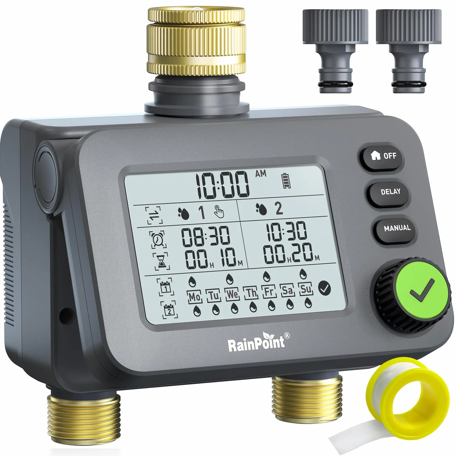RAINPOINT Centralina Irrigazione 2 uscite con ingresso e uscita in ottone, Timer Irrigazione con ritardo della pioggia/modalità automatica e manuale, IP54/grande LCD, Computer di irrigazione giardino