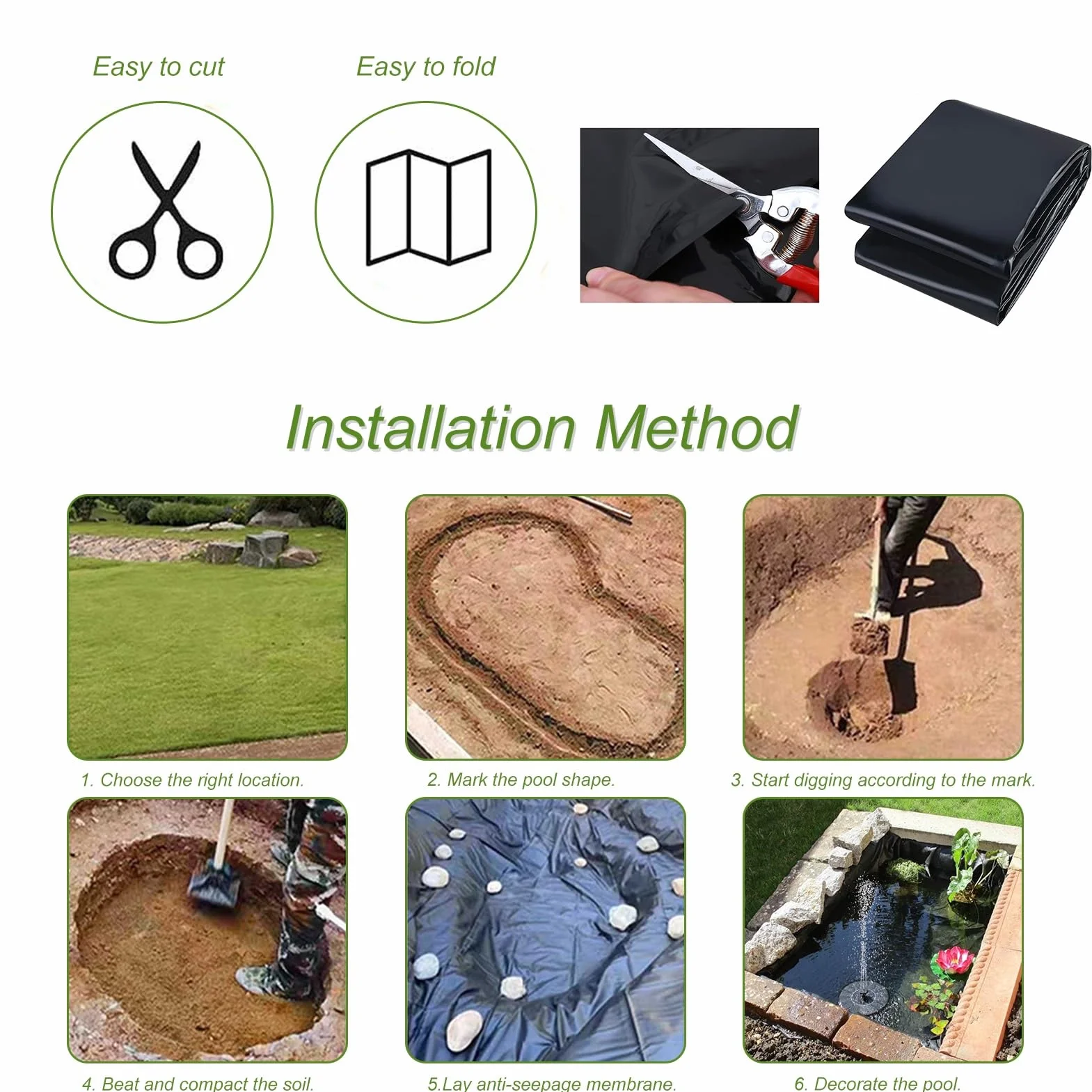 Rivestimento per stagno ad alta resistenza da 5 mm PEHD per stagni e fontane Dimensioni: 1x10m 2x8m 3x7m 4x6m 5x5m 6x12m 7x10m 8x12m 10x15mPerfetto per le caratteristiche dell'acqua