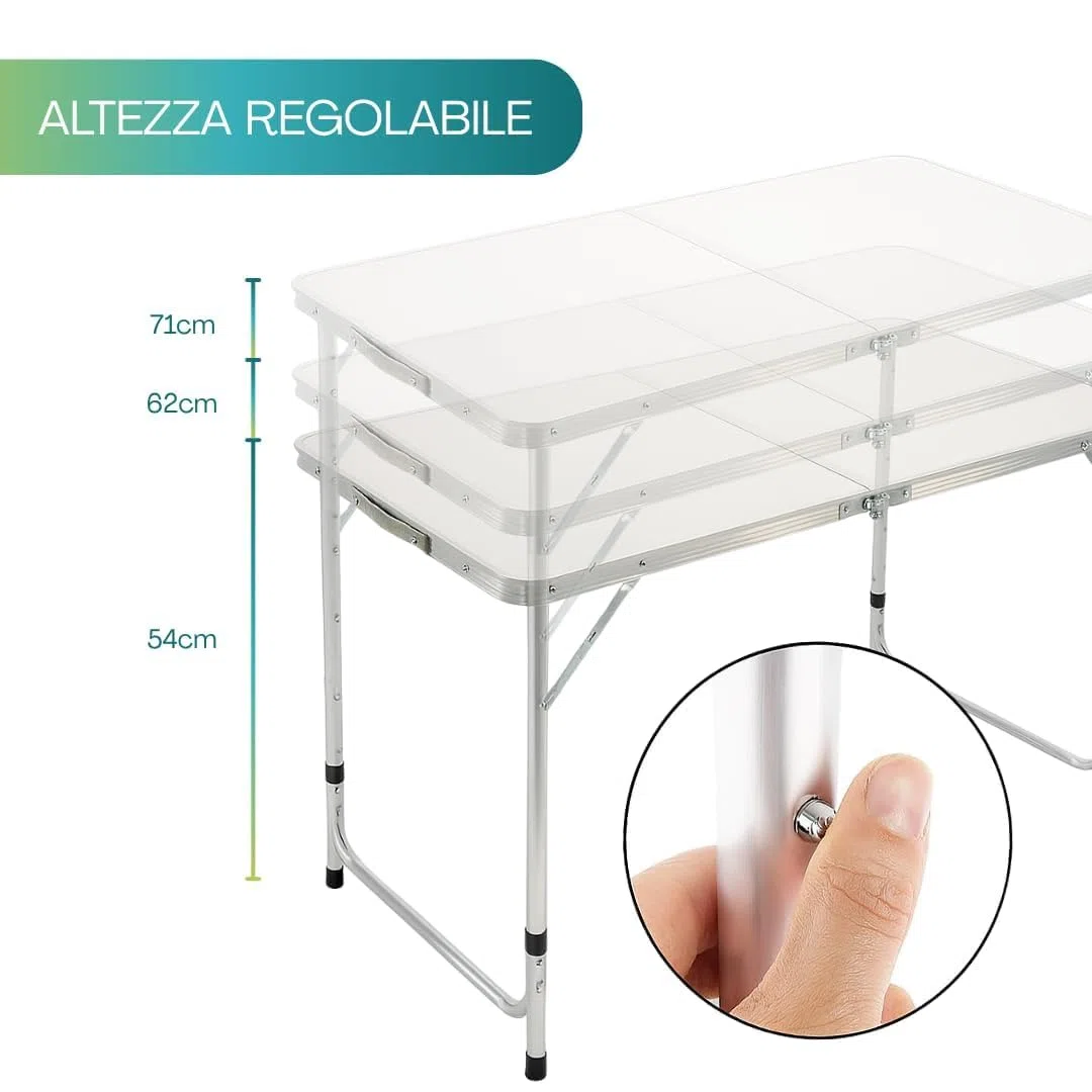 PALUPLUS Set Tavolo Campeggio in Alluminio con 4 Sgabelli pieghevoli di colore Blu, Tavolino da 121x61,5x70 cm, Design Pieghevole a Valigetta con Maniglia, Set per picnic, gita -8095F