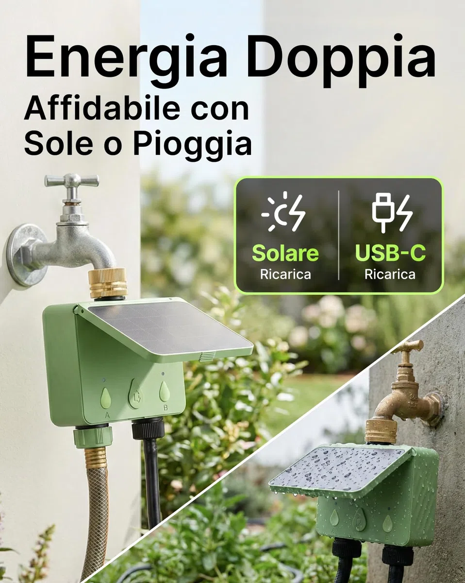 Centralina Irrigazione WiFi 2 Vie Solare, Computer Irrigazione Connesso con Flussometro, Senza Hub, Ingresso dell'acqua in Ottone, Irrigazione Automatica per Giardino (App/Alexa)