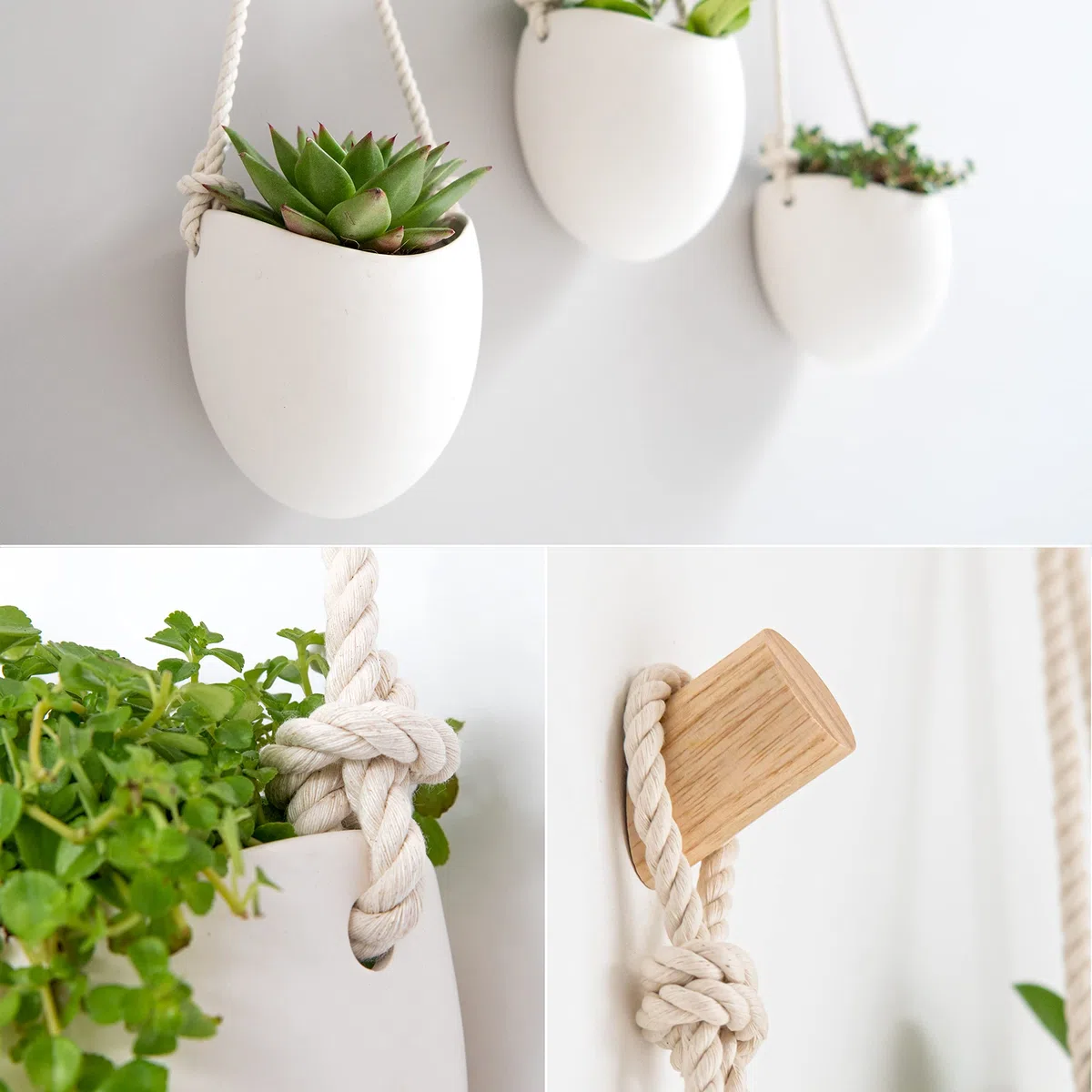 Kazai. | Vasi da Parete in Porcellana | Set 3 Pezzi | Compresi Ganci di Legno | Bianco opaco