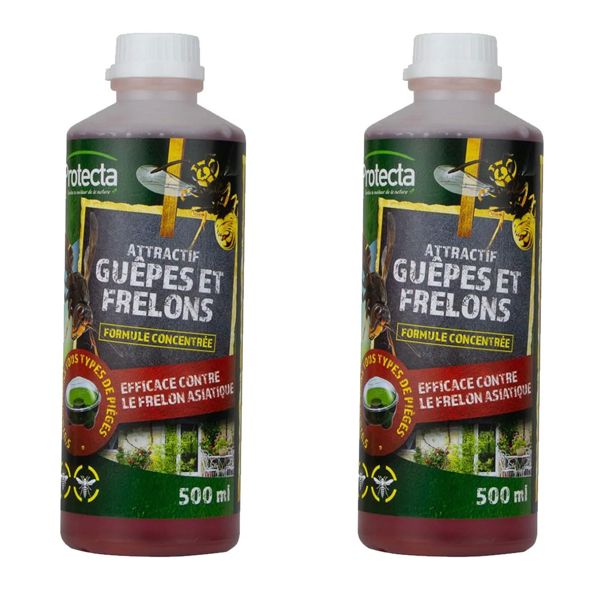 PROTECTA Attractive Vespe, Calabroni e Mosche - Liquido per trappola vespe/protezione naturale ed efficace - concentrato da diluire, può essere utilizzato in tutti i tipi di trappole - 2 x 500 ml