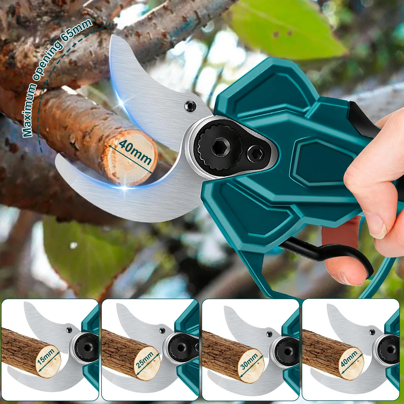 Troncarami compatibile con Makita 18 V (non batteria) apertura 65 mm | diametro di taglio massimo 40 mm, display LCD, cesoie elettriche ricaricabili per rami e fiori