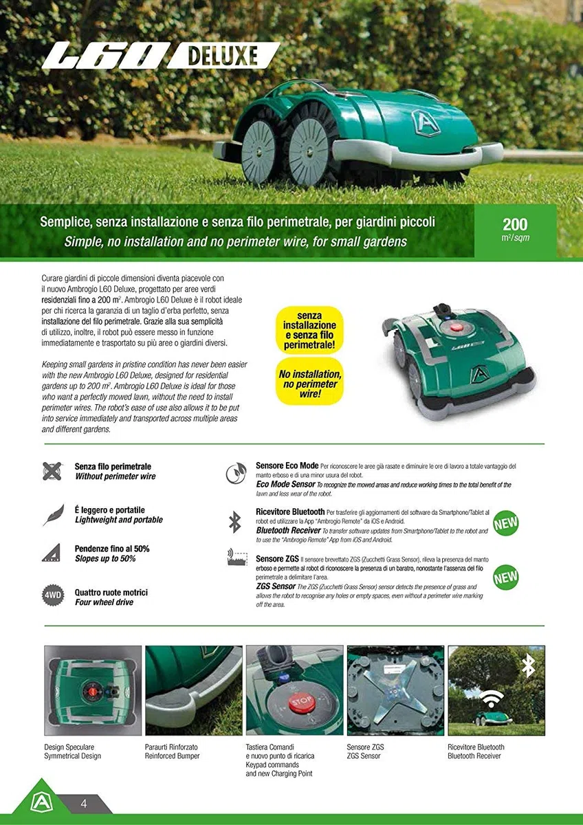 Robot rasaerba Ambrogio L60 DELUXE, robot tosaerba da giardino senza installazione filo perimetrale, robot impermeabile per prato copre un'area di 200mq,robot da giardino pronto all'uso con bluetooth