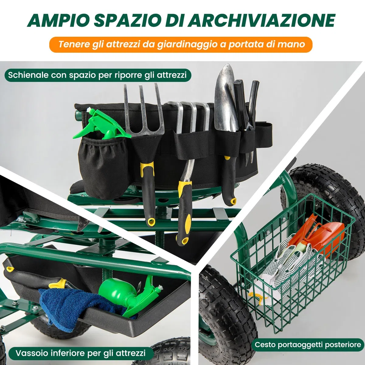 COSTWAY Sgabello per Giardinaggio con Ruote, Carrello da Giardino Regolabile in Altezza con Sedile Girevole a 360, Cuscino, 2 Maniglie di Sterzo e Vassoio Porta Utensili