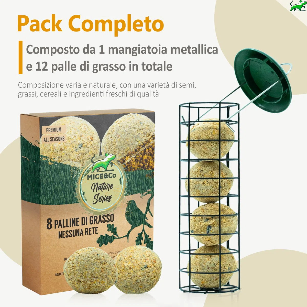 Mice&Co Mangiatoia per Uccelli da Esterno con Palle di Grasso – Casetta per Uccellini Giardino con Sfere di Lardo I Pack 1 Mangiatoia per Volatili e 12 Palline di Cibo