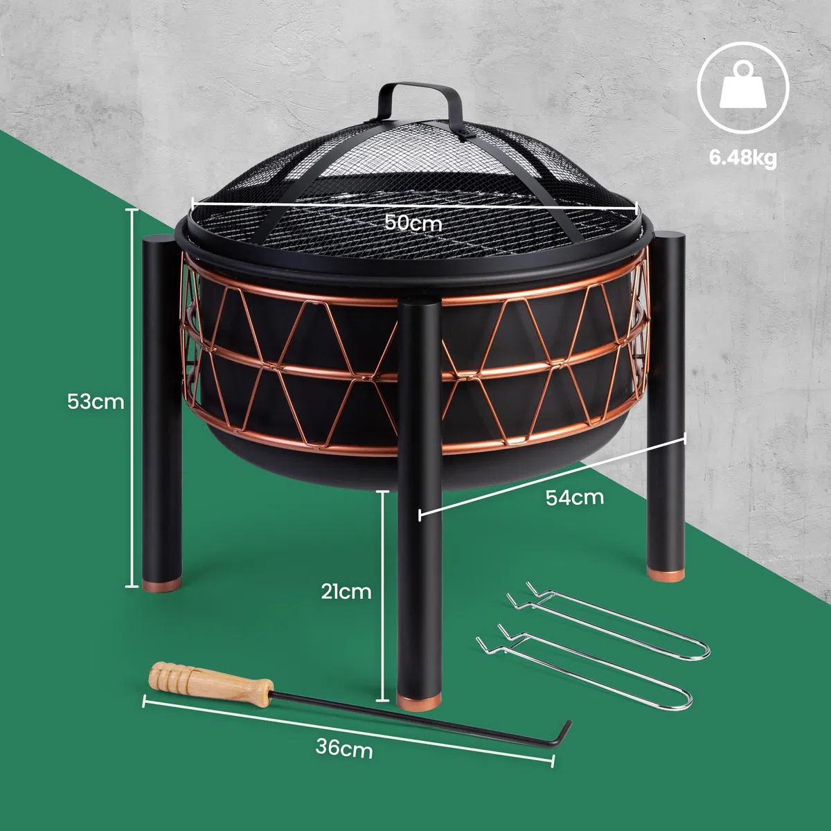 VonHaus Braciere – 2-in-1 con Griglia BBQ per esterni, giardino e patio, in acciaio nero con dettaglio rame, con attizzatoio e coperchio in rete inclusi, legna o carbone