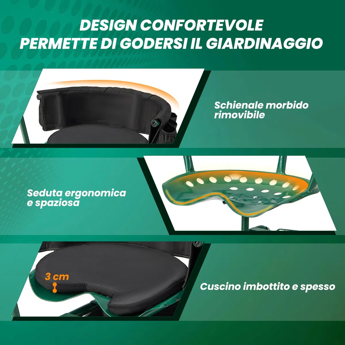 COSTWAY Sgabello per Giardinaggio con Ruote, Carrello da Giardino Regolabile in Altezza con Sedile Girevole a 360, Cuscino, 2 Maniglie di Sterzo e Vassoio Porta Utensili