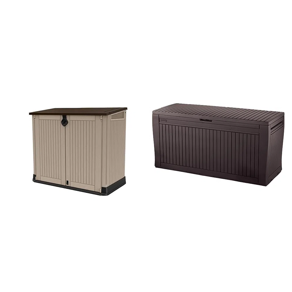 Keter Porta Attrezzi da Giardino e Baule Comfy in Resina, Beige e Marrone, 71.5 x 132 x 113.5 cm / 44.7 x 116.7 x 57 cm, 18.1 Kg / 6.3 Kg e 270 L di Capacità