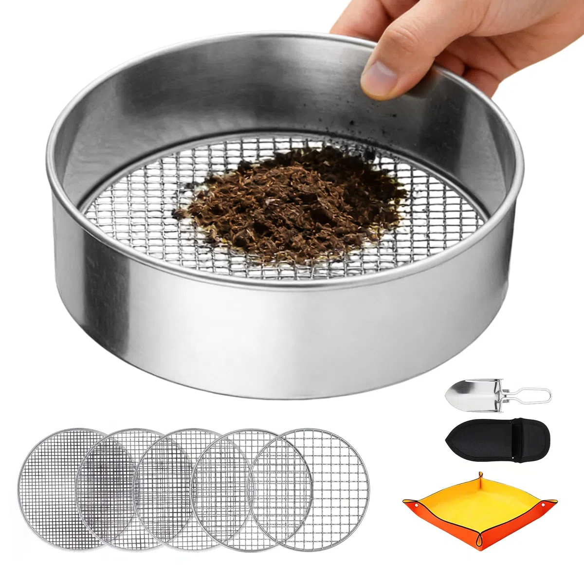 Colino da giardino rotondo 5 in 1 in acciaio inox, colino per compost multiuso, rotondo, per giardinaggio, 5 inserti intercambiabili (1/3/6/9/12 mm), con paletta in acciaio inox e tappetino giallo