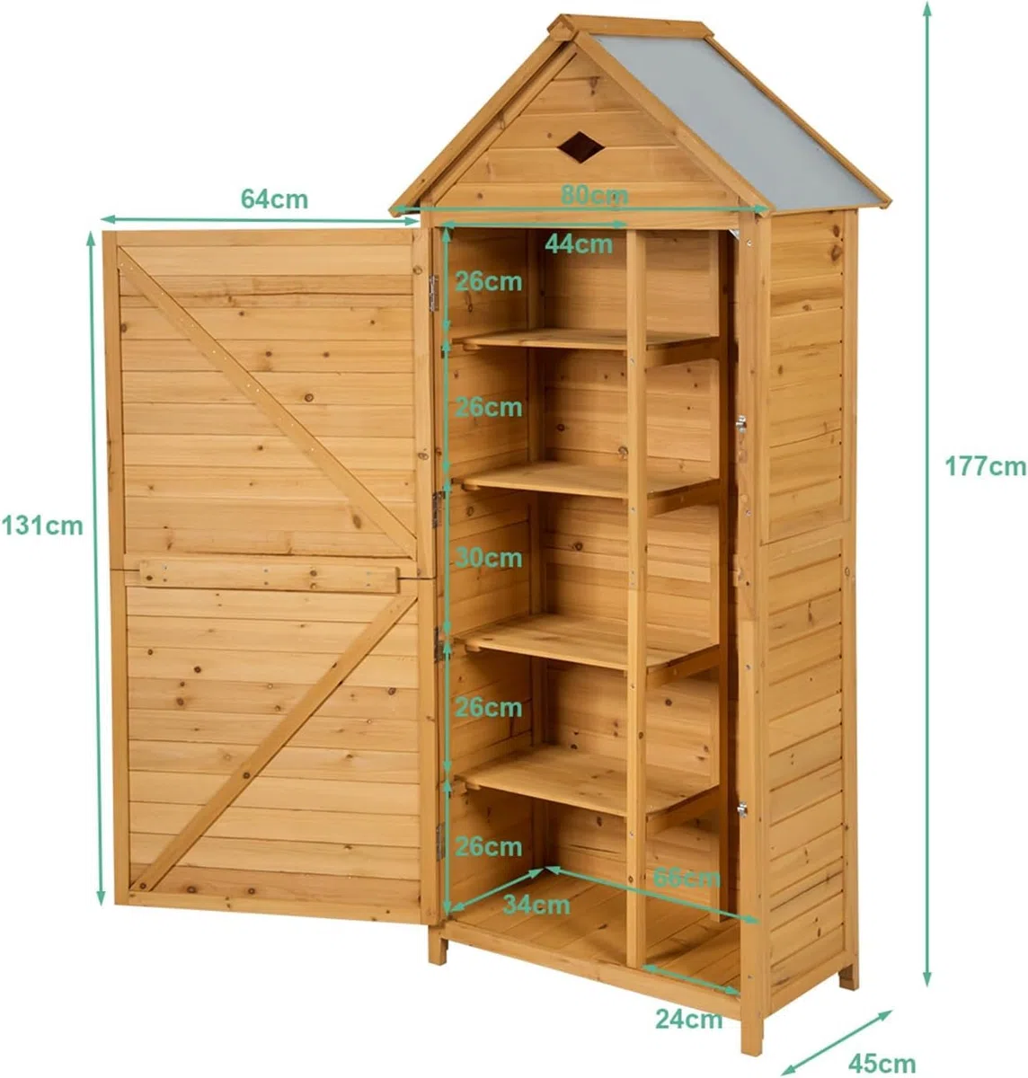 FANTASK Armadio da giardino in legno, 177 x 80 x 45 cm, per attrezzi da giardino, resistente alle intemperie, capanno da giardino, capanno in legno con tetto a due falde