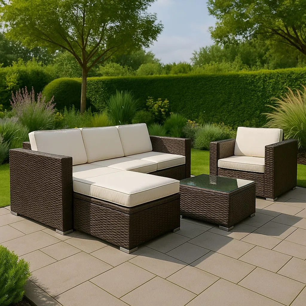 Totò Piccinni Set CARLOS in Polyrattan con cuscini Divano 3 Posti + Poltrona + Pouf + Tavolino con Piano in Vetro (Marrone)