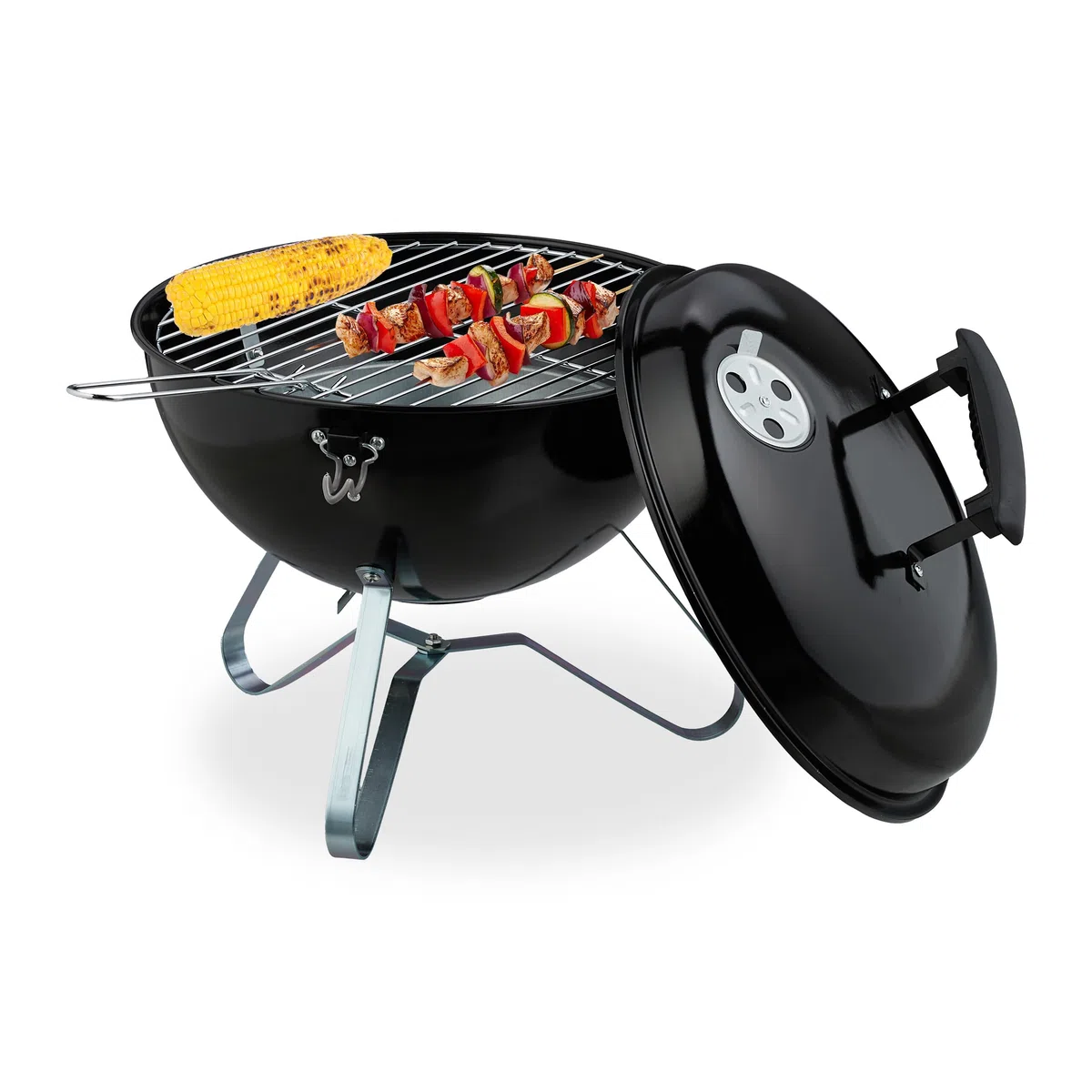 Relaxdays Barbecue a Carbonella Portatile, Ø 37 cm, Grill a Carbone con Coperchio, Esterno, Giardino e Campeggio, Nero