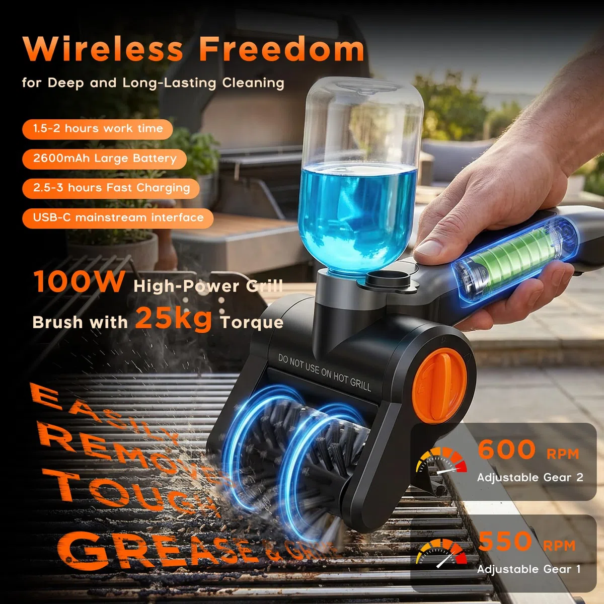 Pulisci Griglia BBQ Elettrico 100W con Flacone Spray – Ricaricabile 7,4V, 2 Velocità, 90 Min di Autonomia, IPX8 Impermeabile – Spazzola Elettrica per Barbecue Pulizia BBQ con Scatola Portautensili