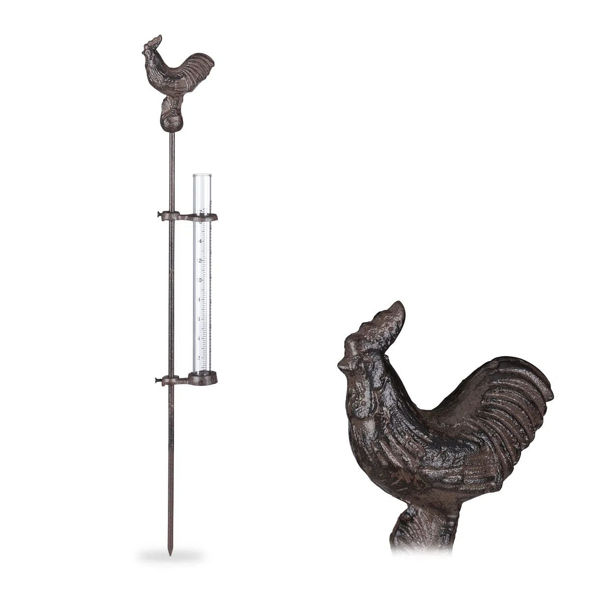 Relaxdays Pluviometro da Giardino con Bastone, con Gallo, con Paletto, 17 cm, 7 Pollici, Contenitore in Vetro, Bronzo