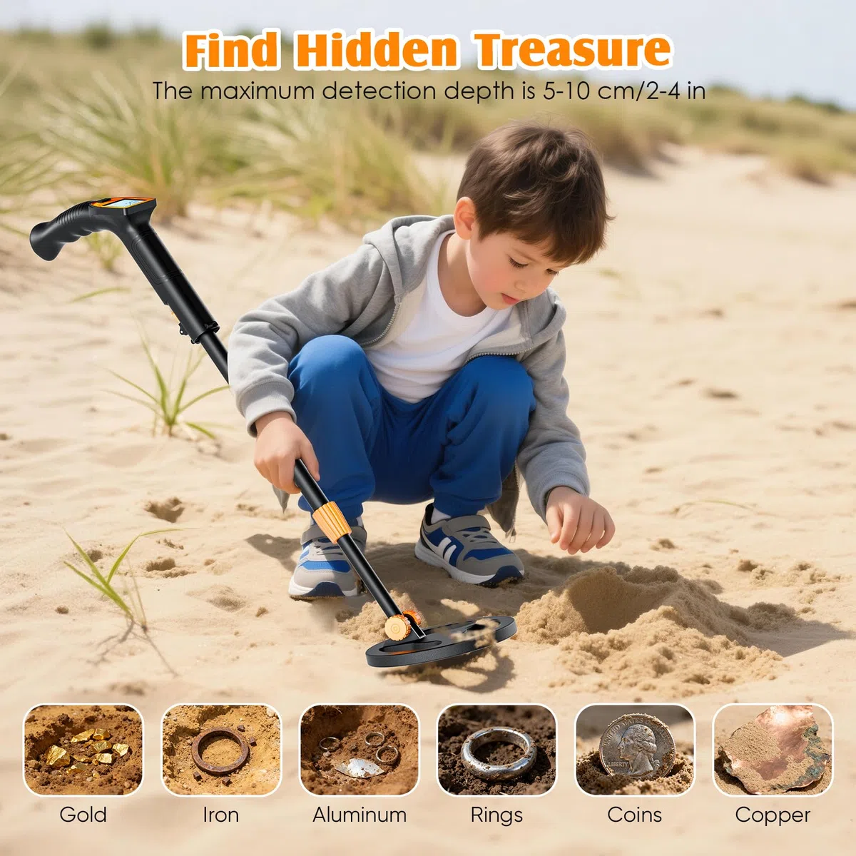 Metal Detector Bambini, Metal Detector per Bambino Leggero con Asta Regolabile 66-83 cm, Display LCD e Bobina di Ricerca Impermeabile, Pala, Rastrello, Setaccio e Borsa, Arancione