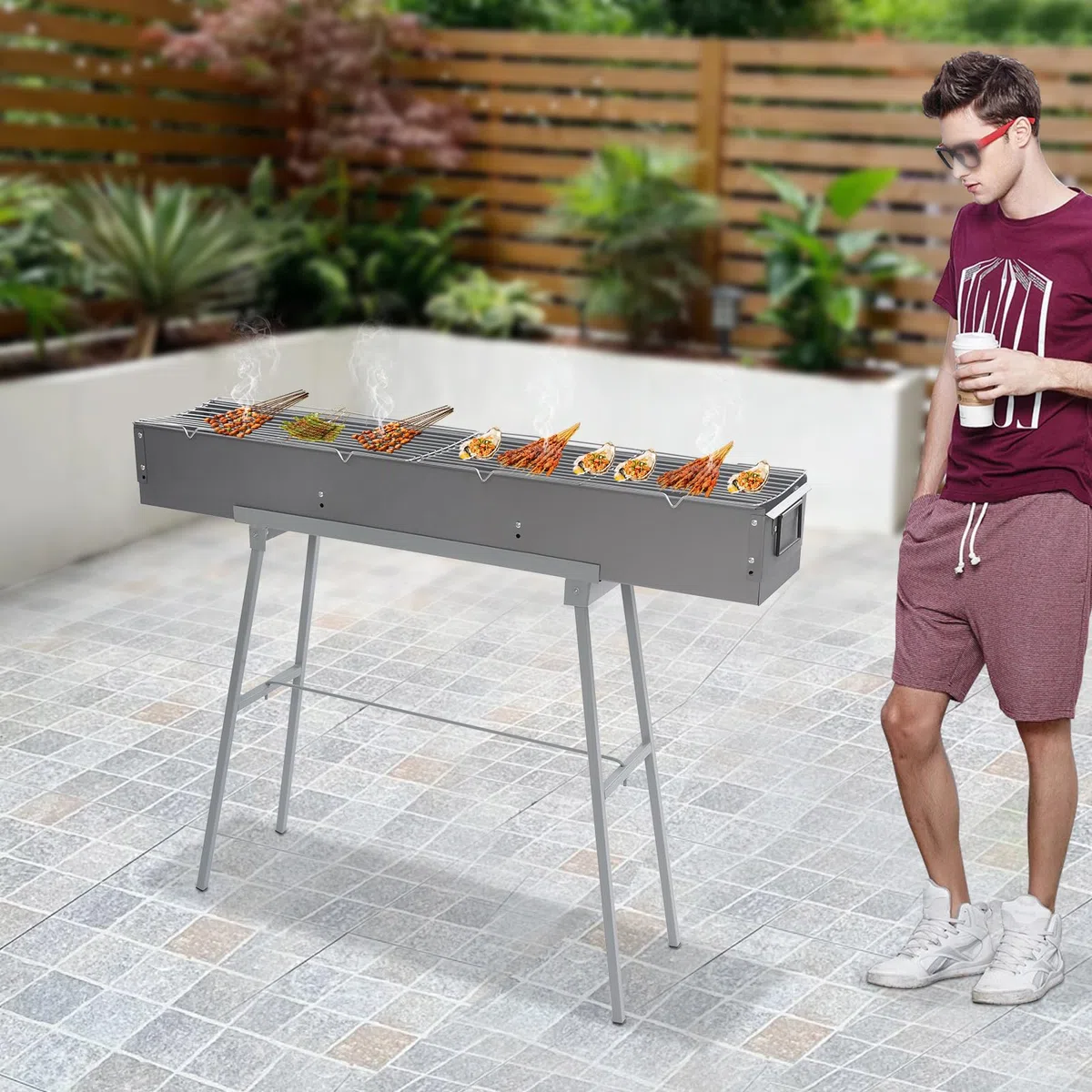 Barbecue a carbonella, da campeggio, a carbone, 100 x 18 x 80 cm, portatile, pieghevole, per esterni, terrazza, campeggio, barbecue