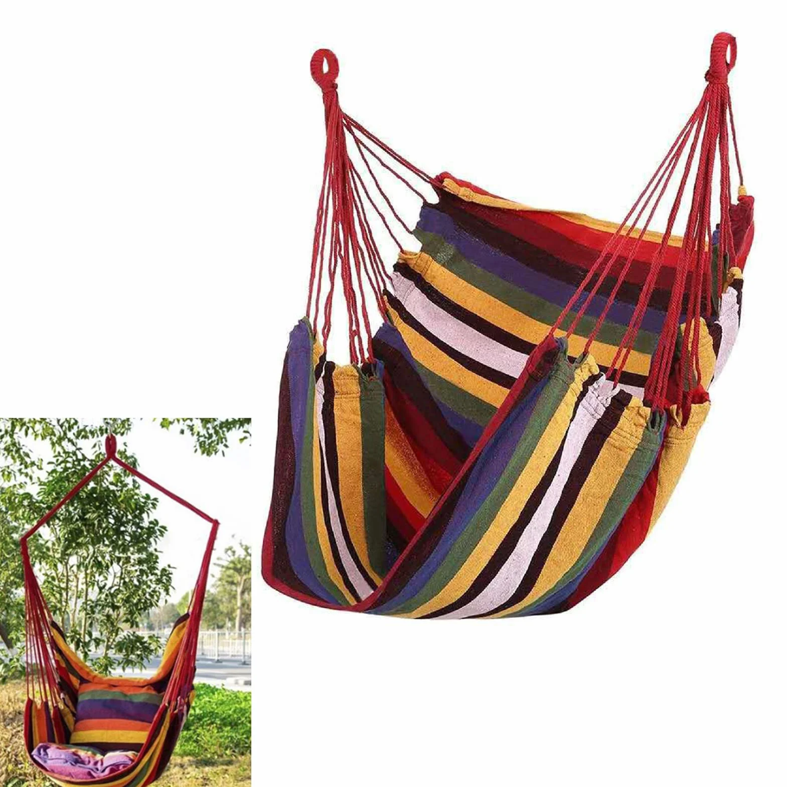 Sedia Sospesa Altalena per Amaca da Esterno in Tela, a Strisce Colorate, Pieghevole Portatile, 100x130cm, per Giardino