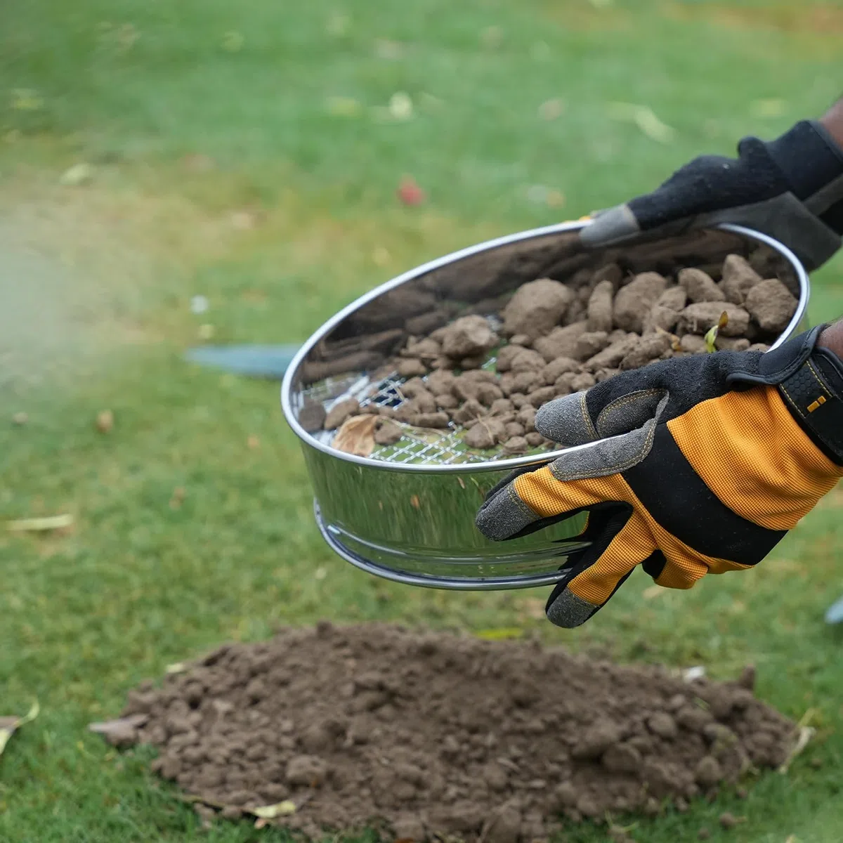 Flatro Setaccio da giardino per terreno e pietra, con telaio in acciaio inox, setaccio da giardino con 5 inserti intercambiabili a rete fine (3 mm, 5 mm, 8 mm, 10 mm, 12 mm), setaccio in metallo per