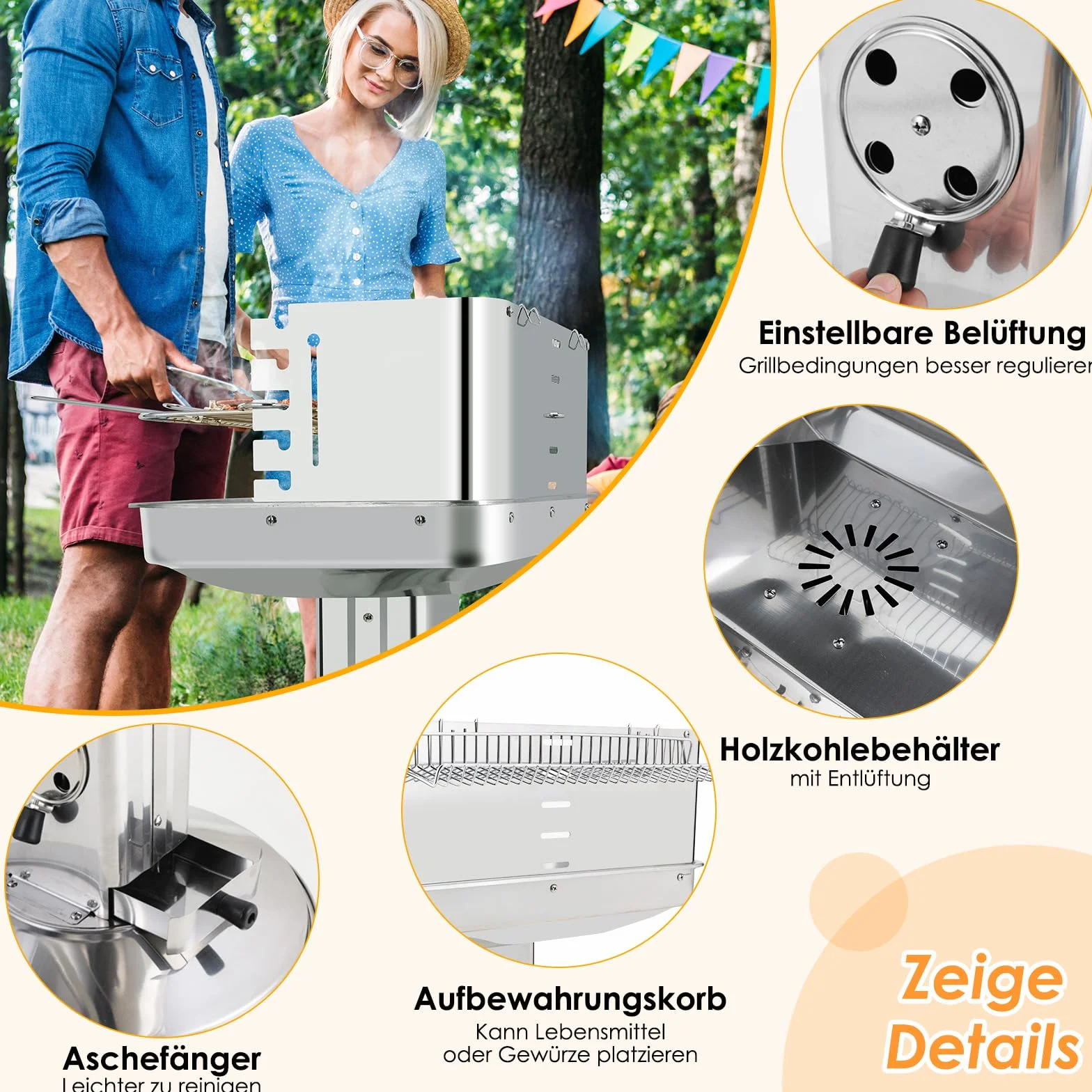 TLGREEN 57*38*90 cm Barbecue a colonna in acciaio inox, Altezza regolabile in 5 posizioni, Barbecue da esterno con Cassetto cenere, ventilazione e griglia cromata, Outdoor, Party, Giardino, Spiagge